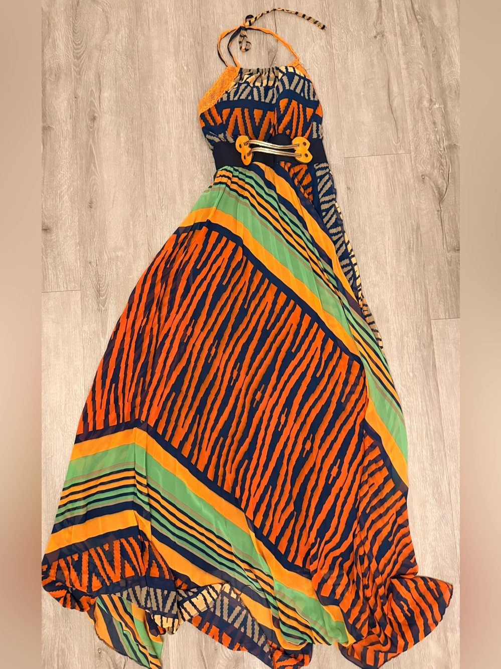 Vibrant Orange + Navy Striped Maxi Dress with Bra Padding